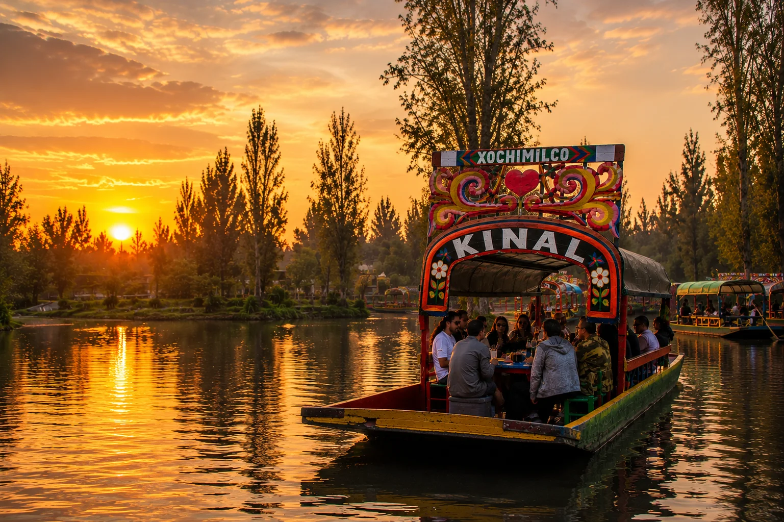 Trajinera colorida de Xochimilco navegando al atardecer hacia Isla Kinal